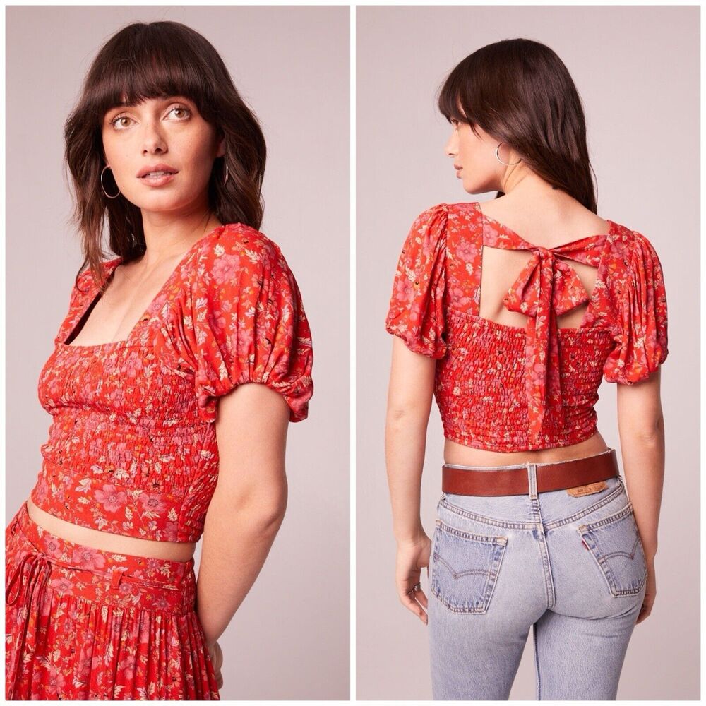 Band of the Free Joelle Crimson Pink Floral Smocked Crop Top Size M NWT